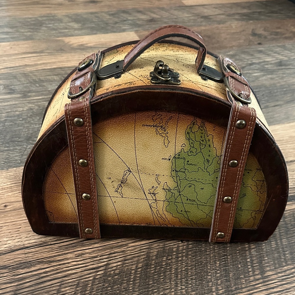 Vintage Map Design Brown Wood & Leather Bag / Case
